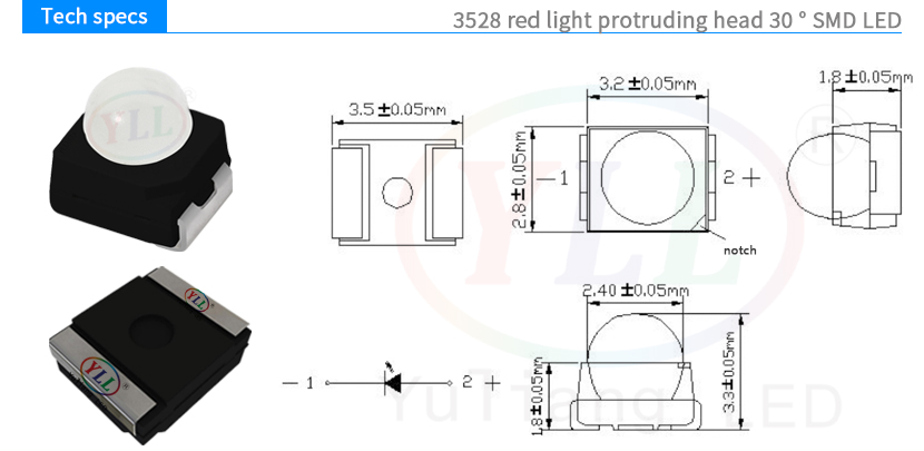 3528 Red LEDs with lens tech specs 30°
