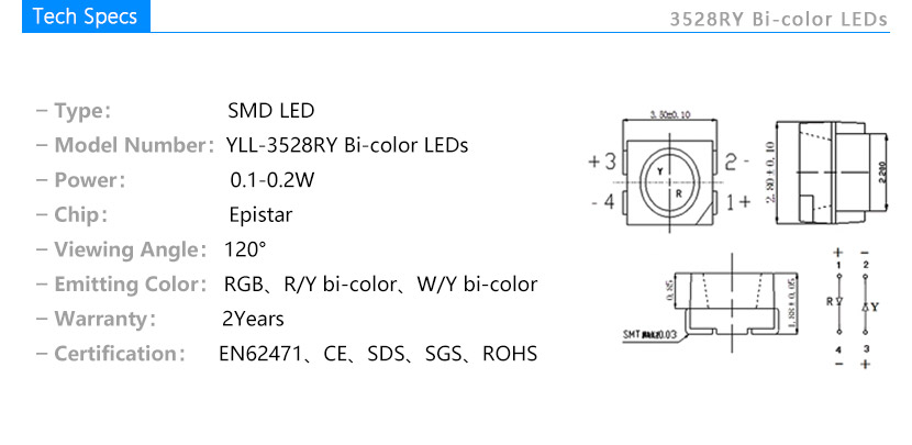 3528RY Bi-color LEDs Tech Specs